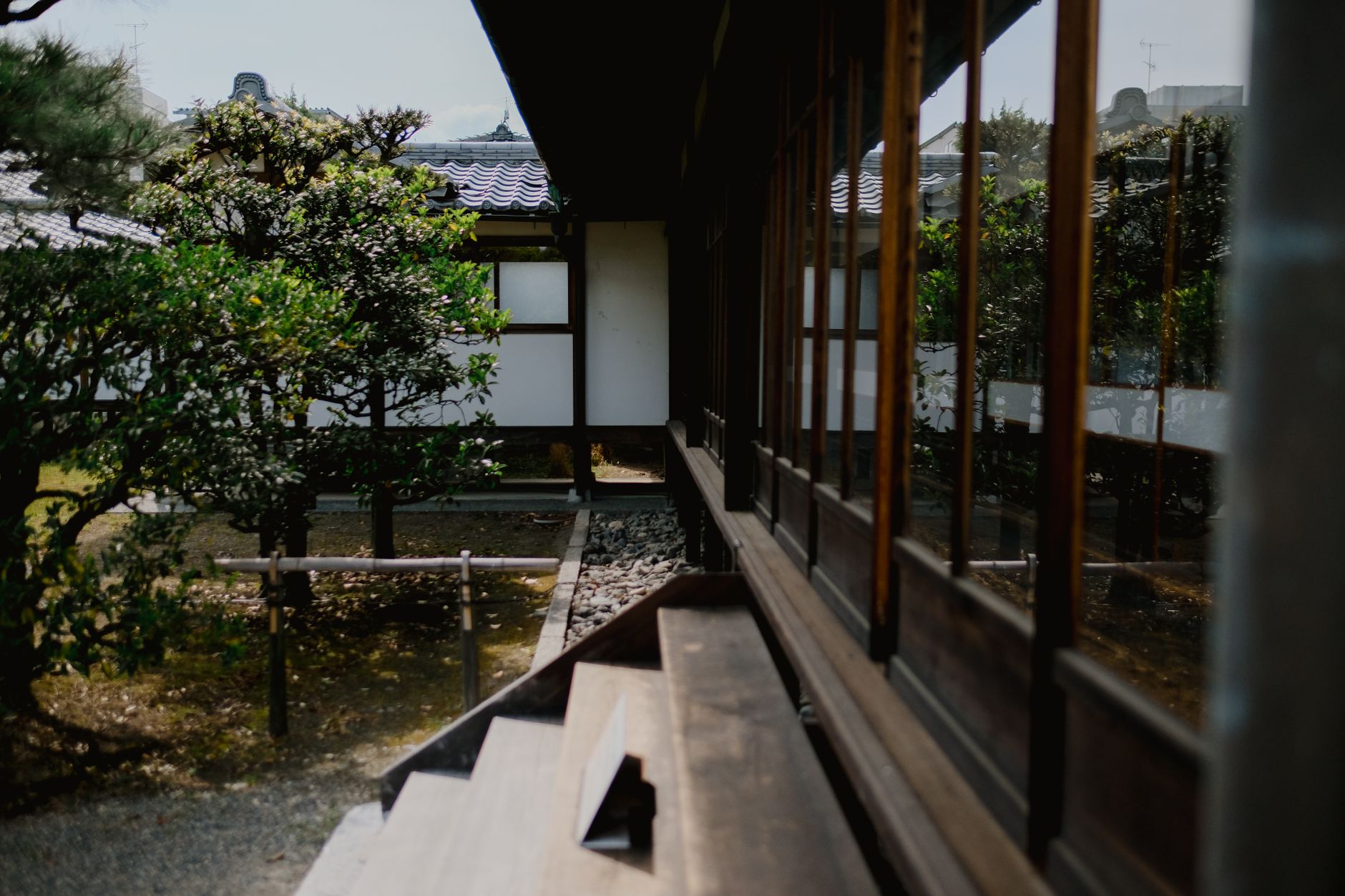 Traditional Japanese ryokan garden view from veranda